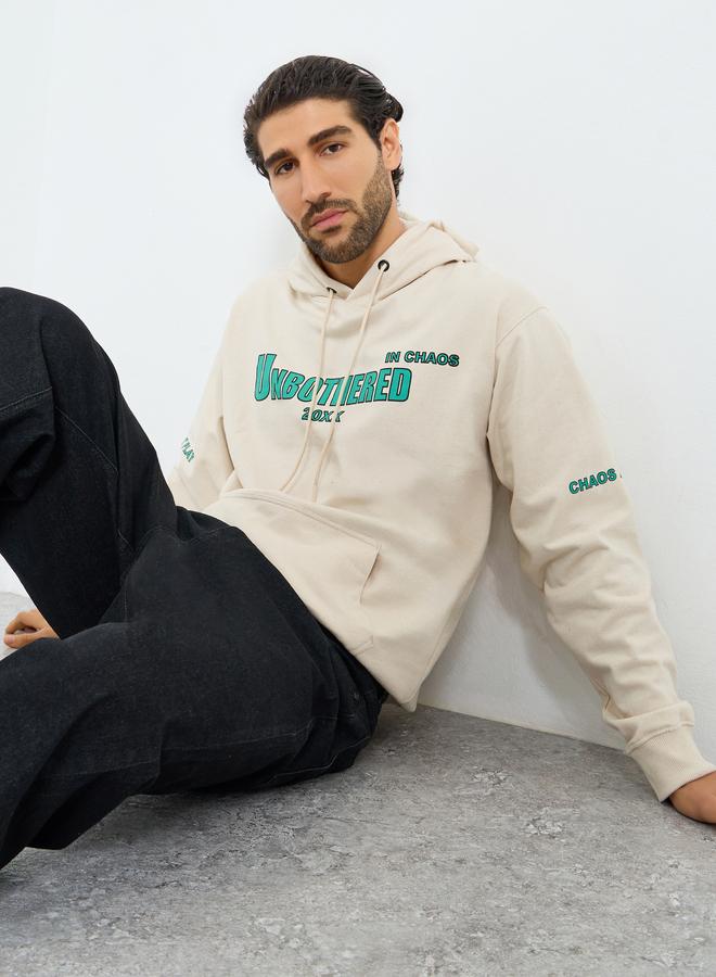 Styli Men Cream Graphic Print Relaxed Fit Hoodie - Image 1